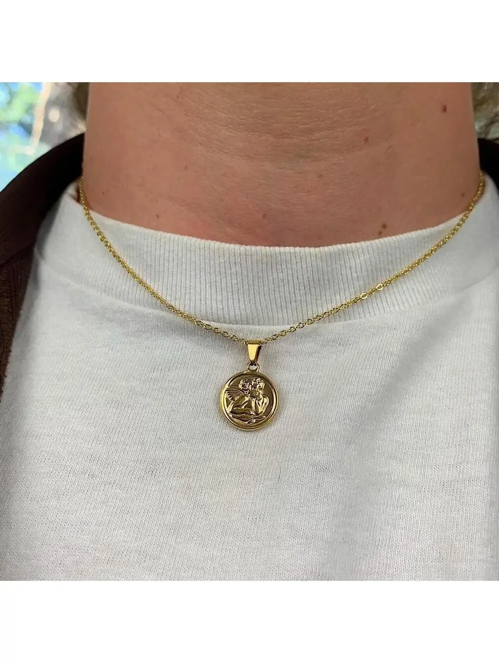 Cute Baby Angel Stainless Steel Gold Plated Circle Pendant y2k 90s style